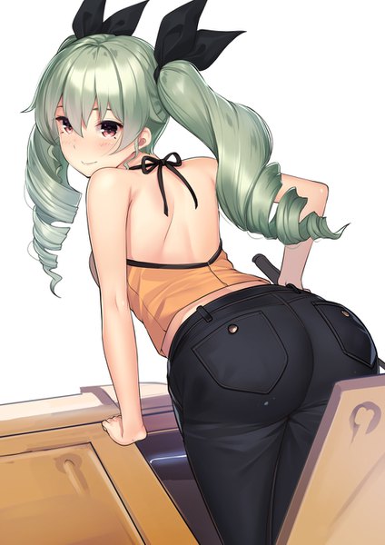 Anime picture 992x1403 with girls und panzer anchovy (girls und panzer) kagematsuri single long hair tall image looking at viewer blush fringe simple background hair between eyes white background twintails brown eyes payot ass looking back green hair light smile from behind