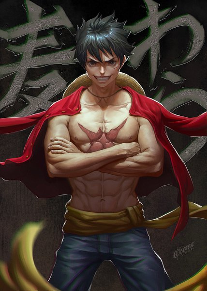 Anime picture 857x1200 with one piece toei animation monkey d. luffy c home single tall image looking at viewer fringe short hair black hair smile hair between eyes standing signed black eyes teeth grin hieroglyph dark background scar