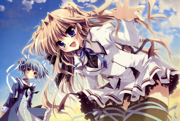 Anime picture 5481x3689 with mashiroiro symphony sena airi uryuu sakuno izumi tsubasu highres teeth fang (fangs) thighhighs ribbon (ribbons)