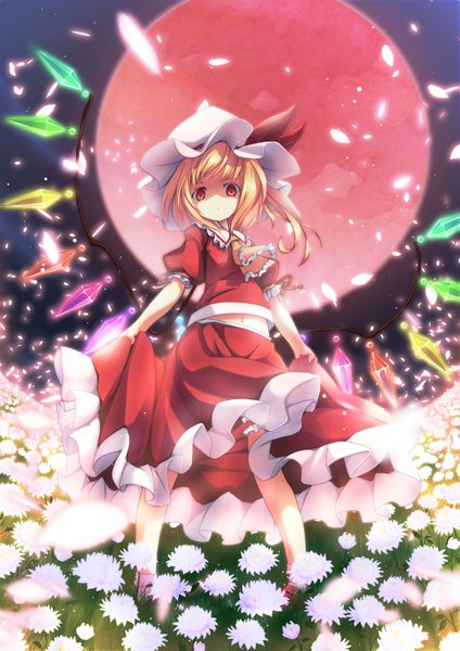 Anime picture 1131x1600 with touhou flandre scarlet sakuna single tall image short hair blonde hair red eyes red moon girl dress skirt flower (flowers) petals wings bonnet skirt set crystal ascot
