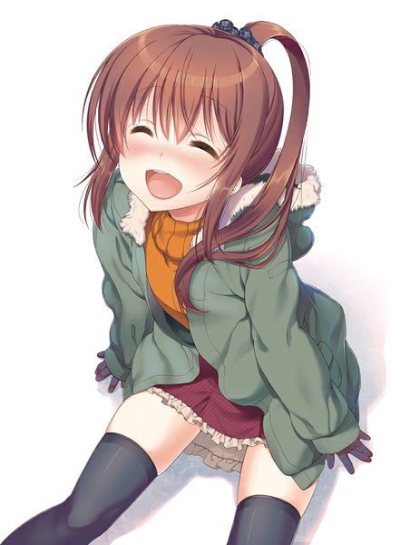 Anime picture 649x882 with jinsei suzuki ikumi nanase meruchi single long hair tall image blush open mouth simple background brown hair white background ponytail eyes closed open clothes open jacket frilly skirt laughing girl thighhighs gloves