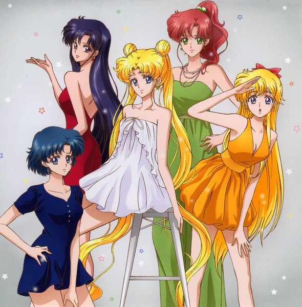 Anime picture 983x1000 with bishoujo senshi sailor moon toei animation tsukino usagi aino minako kino makoto mizuno ami hino rei sakou yukie long hair tall image looking at viewer short hair blue eyes blonde hair simple background brown hair standing sitting twintails purple eyes