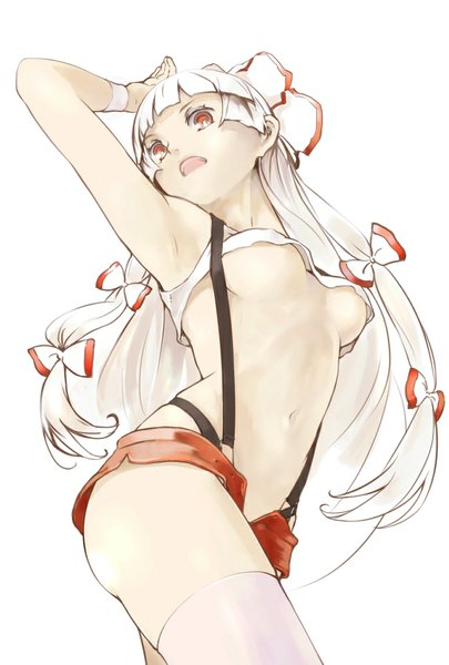 Anime picture 675x1000 with touhou fujiwara no mokou yunar single long hair tall image looking at viewer fringe breasts open mouth light erotic simple background standing white background white hair arms up teeth from below armpit (armpits) hand on head