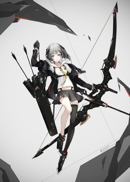 Anime picture 1000x1400 with original yucca-612 (neco) single tall image looking at viewer fringe short hair holding bent knee (knees) long sleeves parted lips head tilt pleated skirt arm up grey hair grey background open clothes open jacket bare belly from below