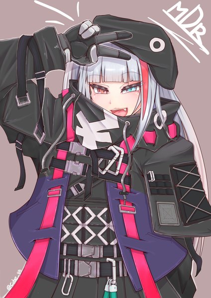 Anime picture 2893x4092 with girls frontline mdr (girls frontline) cube85 single long hair tall image looking at viewer fringe highres open mouth blue eyes simple background smile red eyes signed silver hair blunt bangs multicolored hair arm up fang (fangs)