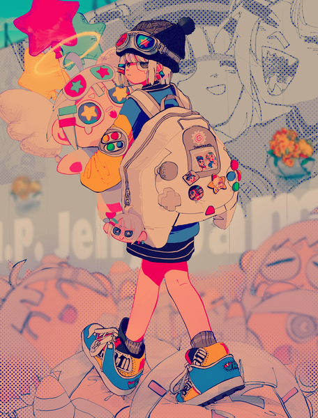 Anime-Bild 1673x2202 mit original mago oowarawa single tall image fringe short hair full body white hair blunt bangs looking back from behind black eyes goggles on head girl shoes star (symbol) cap goggles sneakers backpack