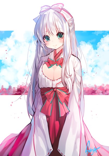 Anime picture 700x1000 with original sorolp single long hair tall image looking at viewer blush fringe breasts large breasts white background green eyes signed sky cleavage silver hair cloud (clouds) long sleeves head tilt light smile