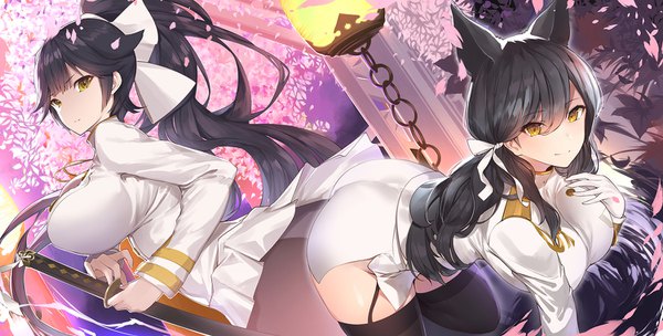 Anime picture 1500x762 with azur lane atago (azur lane) takao (azur lane) yaman (yamanta lov) long hair looking at viewer blush fringe breasts light erotic black hair hair between eyes wide image large breasts multiple girls holding brown eyes signed animal ears ponytail