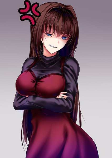 Anime picture 708x1000 with mahou tsukai no yoru aozaki aoko akeyama kitsune single long hair tall image looking at viewer fringe breasts blue eyes simple background smile hair between eyes brown hair large breasts gradient background crossed arms anger vein evil grin girl