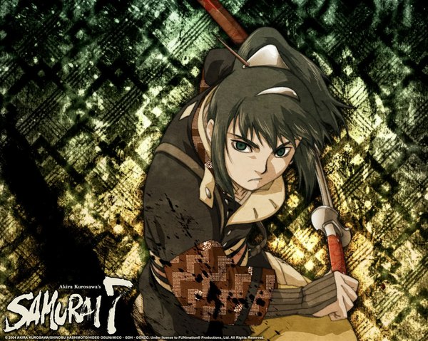 Anime picture 1024x819 with samurai 7 gonzo katsushiro okamoto black hair simple background green eyes ponytail boy weapon sword katana