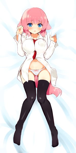 Anime picture 600x1200 with original naomi (sekai no hate no kissaten) single tall image looking at viewer blush highres short hair breasts open mouth blue eyes light erotic large breasts animal ears pink hair tail lying animal tail from below on back