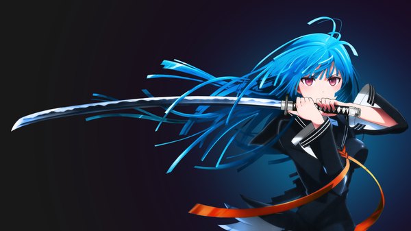 Anime picture 1920x1080 with black bullet kinema citrus tendou kisara assassinwarrior azizkeybackspace single long hair looking at viewer fringe highres breasts red eyes wide image holding blue hair serious girl uniform ribbon (ribbons) weapon