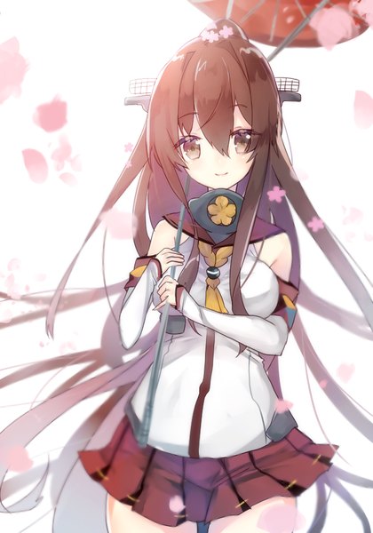 Anime picture 700x1000 with kantai collection yamato super battleship sakofu single tall image looking at viewer fringe smile hair between eyes brown hair white background brown eyes ponytail very long hair cherry blossoms girl skirt detached sleeves miniskirt petals