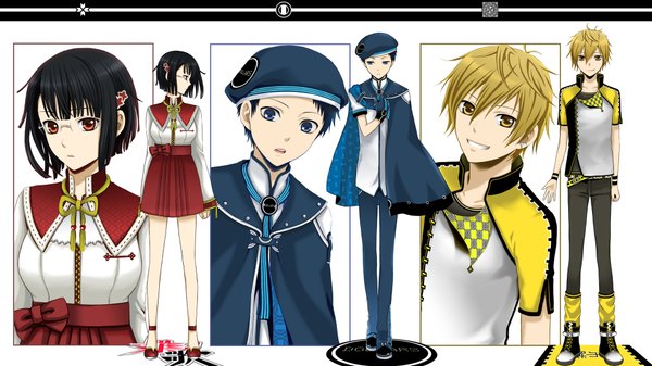 Anime picture 1920x1080 with durarara!! brains base (studio) sonohara anri kida masaomi ryuugamine mikado highres short hair open mouth blue eyes black hair simple background blonde hair smile red eyes wide image white background yellow eyes multiview girl boy