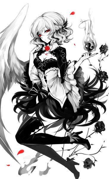 Anime picture 2200x3600 with touhou kishin sagume sheya single tall image looking at viewer fringe highres short hair simple background hair between eyes red eyes white background signed cleavage full body bent knee (knees) nail polish wide sleeves high heels