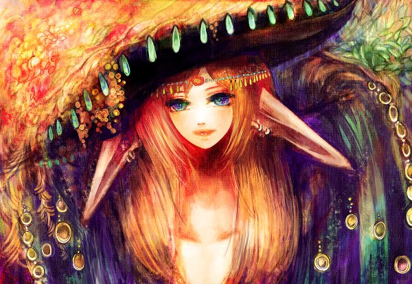 Anime picture 1200x826 with sakaya (artist) single long hair blue eyes lips pointy ears orange hair girl hat earrings jewelry