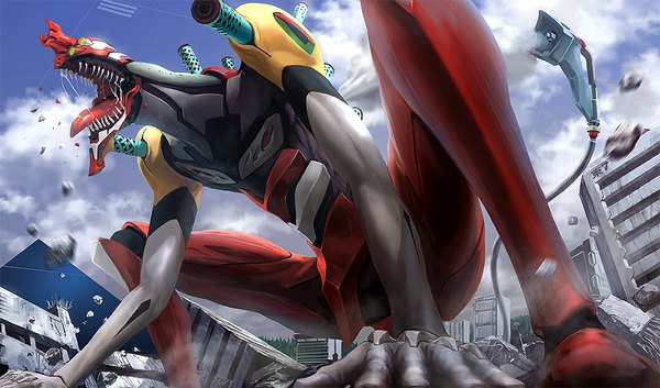 Anime picture 1060x625 with neon genesis evangelion rebuild of evangelion evangelion: 2.0 you can (not) advance gainax eva 02 shinjiro nobayashi open mouth wide image sky cloud (clouds) realistic grin city squat crazy tongue building (buildings) mecha