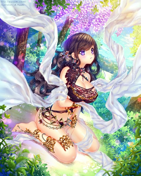 Anime picture 672x840 with original a.yuuki (au7) single long hair tall image blush breasts light erotic brown hair large breasts sky cloud (clouds) pink eyes sunlight kneeling drill hair sunbeam girl hair ornament flower (flowers)