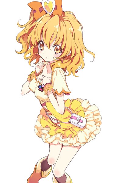 Anime picture 600x912 with precure fresh precure! toei animation yamabuki inori cure pine yukiwo single tall image blush fringe short hair simple background blonde hair hair between eyes white background yellow eyes looking away from above one side up hand on chest