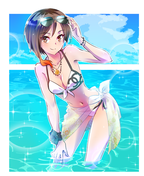 Anime picture 2576x3144 with rwby rooster teeth chanel coco adel iesupa single tall image looking at viewer highres short hair breasts light erotic smile brown hair brown eyes sky cleavage cloud (clouds) multicolored hair sparkle