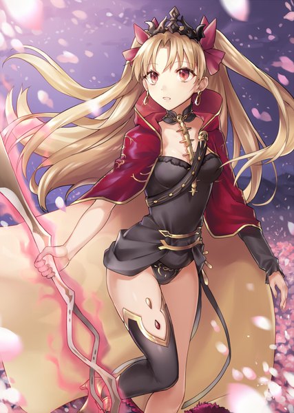 Anime picture 641x900 with fate (series) fate/grand order ereshkigal (fate) shiao single long hair tall image light erotic blonde hair red eyes looking away :o two side up aura girl earrings petals tiara