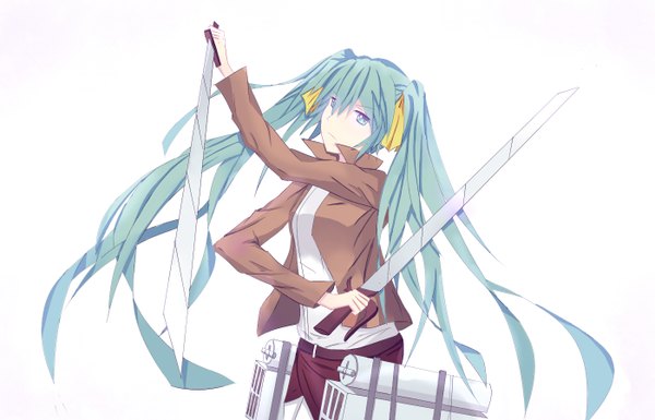 Anime picture 1400x900 with shingeki no kyojin vocaloid production i.g hatsune miku mikasa ackerman vic single long hair looking at viewer simple background white background twintails holding aqua eyes aqua hair open clothes open jacket cosplay serious dual wielding