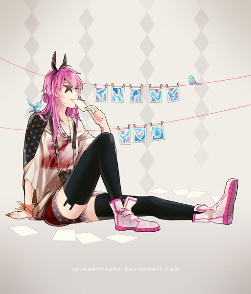 Anime picture 1000x1169 with raveeoftitans long hair tall image blue eyes sitting pink hair nail polish inscription grey background rhombus girl thighhighs black thighhighs animal shorts hairband bird (birds) star (symbol) pendant thread