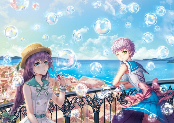 Anime picture 1000x710 with original kankito long hair looking at viewer blush fringe short hair breasts blue eyes smile multiple girls holding green eyes looking away pink hair sky purple hair cloud (clouds) braid (braids) parted lips