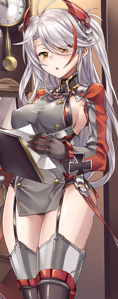 Anime picture 407x1028 with azur lane prinz eugen (azur lane) ks single long hair tall image looking at viewer blush fringe breasts light erotic large breasts standing holding yellow eyes silver hair ahoge indoors multicolored hair hair over one eye