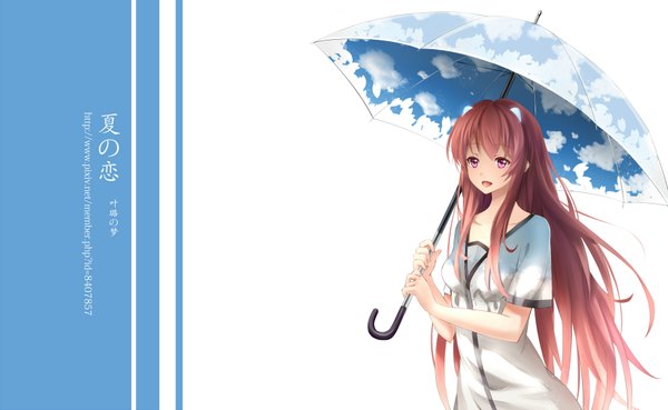 Anime picture 1838x1133 with yeluno meng single long hair looking at viewer highres open mouth brown hair wide image purple eyes sky print girl dress umbrella sundress
