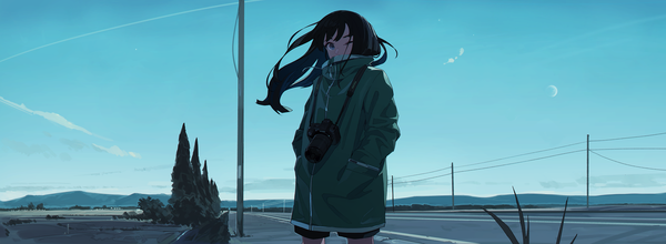 Anime picture 2274x834 with original kamameshi gougoumaru single long hair highres black hair wide image standing outdoors one eye closed wind hands in pockets girl jacket camera