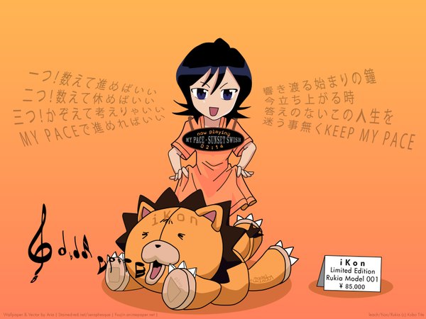 Anime picture 1600x1200 with bleach studio pierrot kuchiki rukia kon leon (khr) short hair open mouth blue eyes simple background purple hair orange background girl toy stuffed animal