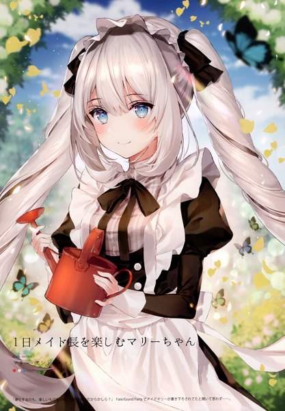 Anime-Bild 3208x4619 mit fate (series) fate/grand order marie antoinette (fate/grand order) necomi (gussan) single long hair tall image looking at viewer blush fringe highres blue eyes smile hair between eyes standing twintails holding payot absurdres sky