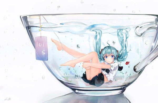 Anime picture 1920x1256 with vocaloid hatsune miku l.bou single long hair looking at viewer highres open mouth blue eyes simple background white background twintails signed ahoge pleated skirt barefoot aqua hair legs underwater legs up