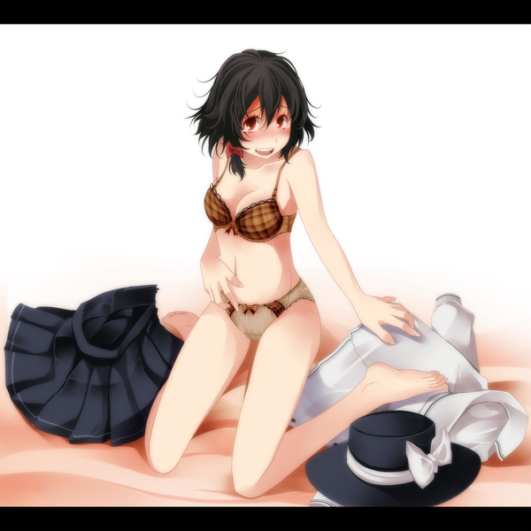 Anime picture 2500x2500 with touhou usami renko s-syogo blush highres short hair open mouth light erotic black hair red eyes underwear only girl underwear panties hat lingerie bra grey panties plaid bra brown bra