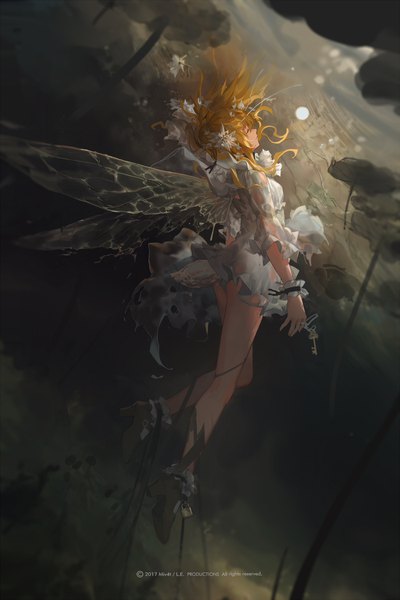 Anime picture 1400x2100 with original mivit single long hair tall image light erotic blonde hair full body bent knee (knees) eyes closed profile blurry high heels floating hair fantasy insect wings girl dress wings white dress