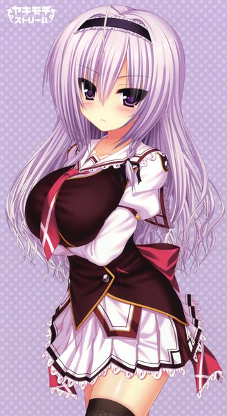 Anime picture 1529x2793 with yakimochi stream yukikura mutsuki syroh single long hair tall image looking at viewer blush breasts large breasts purple eyes purple hair scan girl necktie hairband