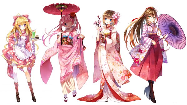 Anime picture 1920x1080 with original jiji (381134808) long hair blush highres short hair blue eyes blonde hair simple background brown hair wide image white background twintails purple eyes multiple girls green eyes pink hair ponytail traditional clothes japanese clothes