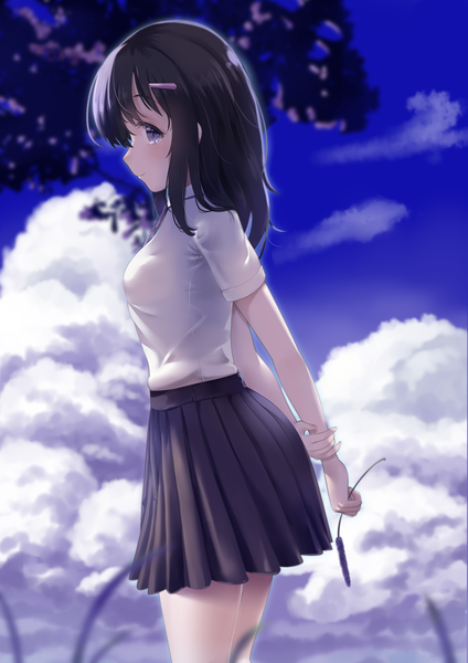 Anime picture 992x1403 with original too-ye single long hair tall image looking at viewer blush fringe breasts black hair hair between eyes purple eyes holding payot sky cloud (clouds) outdoors profile pleated skirt light smile