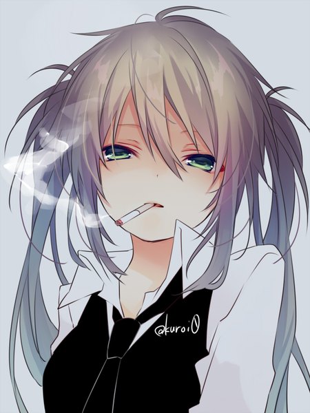 Anime picture 600x800 with original kuroi (liar-player) single long hair tall image looking at viewer fringe open mouth simple background hair between eyes twintails holding green eyes signed grey hair grey background twitter username mouth hold smoke open collar