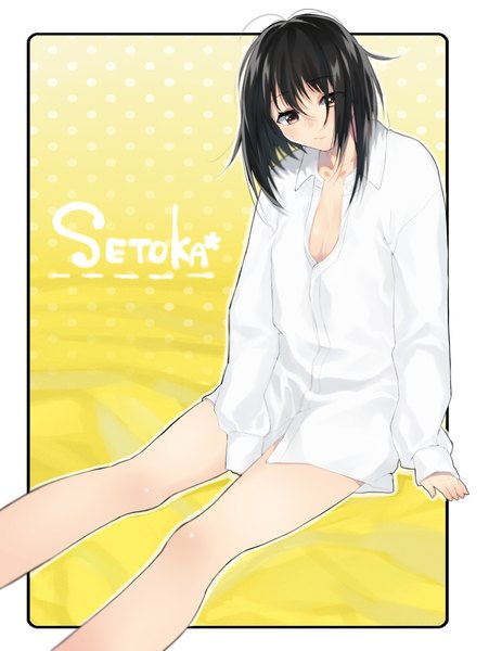 Anime picture 1142x1517 with original neko mofumofu single tall image looking at viewer short hair black hair brown eyes bare legs naked shirt girl shirt
