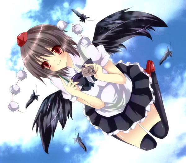 Anime picture 1200x1050 with touhou shameimaru aya stigma1101 blush short hair black hair smile red eyes sky cloud (clouds) girl thighhighs skirt bow black thighhighs hat miniskirt wings feather (feathers) camera