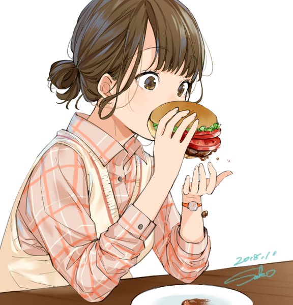 Anime picture 2358x2460 with original sako (user ndpz5754) single tall image fringe highres short hair simple background brown hair white background holding brown eyes signed upper body blunt bangs hair bun (hair buns) dated looking down eating covered mouth