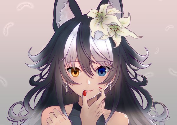 Anime picture 3541x2508 with kemono friends grey wolf (kemono friends) ponta (matsuokazieg) single long hair looking at viewer blush fringe highres blue eyes black hair simple background hair between eyes bare shoulders animal ears yellow eyes payot absurdres upper body nail polish