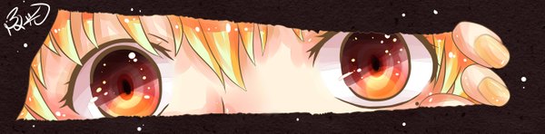 Anime picture 2834x701 with original hikarichan single highres blonde hair red eyes wide image nail polish mole mole under eye lens flare reflection