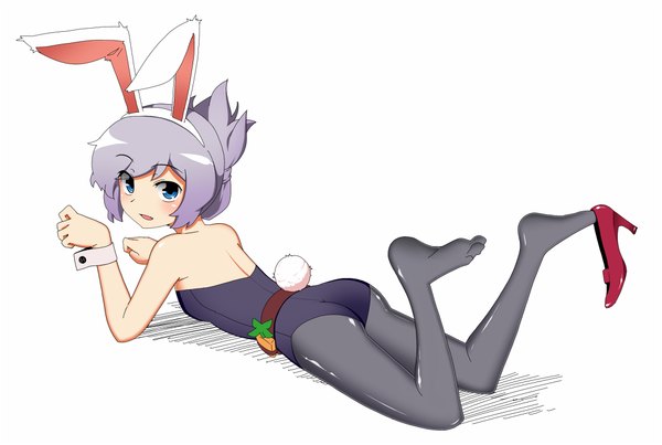Anime picture 1000x672 with league of legends riven (league of legends) battle bunny riven raoorica single looking at viewer short hair open mouth blue eyes white background grey hair bunny girl girl thighhighs bunnysuit