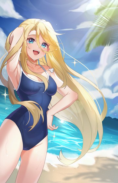 Anime picture 2280x3508 with summertime render kofune ushio han mao ji moki single long hair tall image highres open mouth blue eyes light erotic blonde hair sky cloud (clouds) outdoors :d hand on hip arm behind head girl swimsuit sea