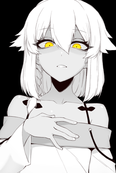 Anime-Bild 936x1395 mit original j.k. single tall image looking at viewer fringe short hair simple background hair between eyes bare shoulders yellow eyes braid (braids) parted lips fingernails shiny skin black background monochrome spot color girl