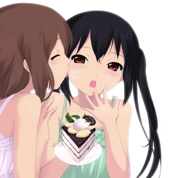 Anime picture 1035x1080 with k-on! kyoto animation hirasawa yui nakano azusa long hair tall image open mouth black hair simple background brown hair white background twintails bare shoulders multiple girls brown eyes eyes closed licking girl 2 girls sweets