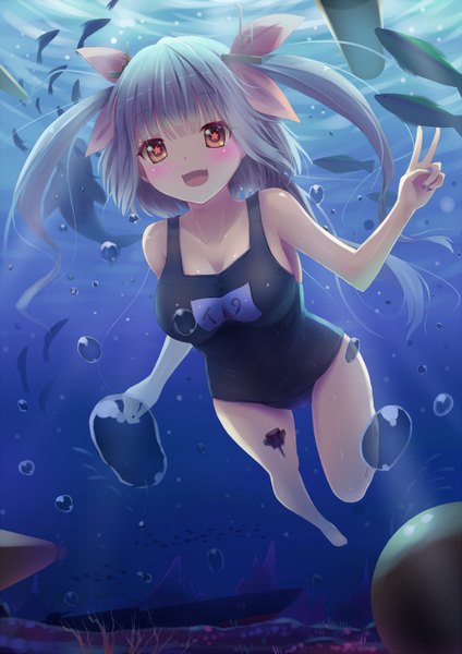 Anime picture 1000x1414 with kantai collection i-19 submarine sonikey0 0 single long hair tall image blush open mouth red eyes twintails blue hair symbol-shaped pupils victory underwater girl swimsuit animal one-piece swimsuit fish (fishes) school swimsuit